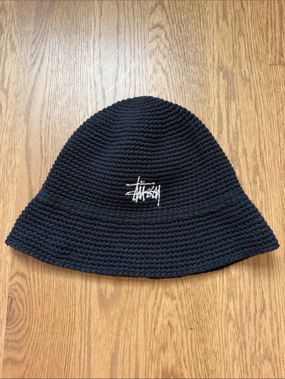 Stussy Black Crochet Bucket Hat with White Logo